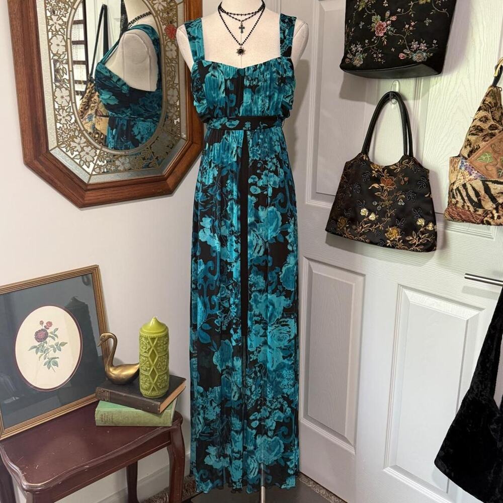 Y2K Connected Apparel Teal Blue & Black Floral Mesh Open Front High Low Dress
